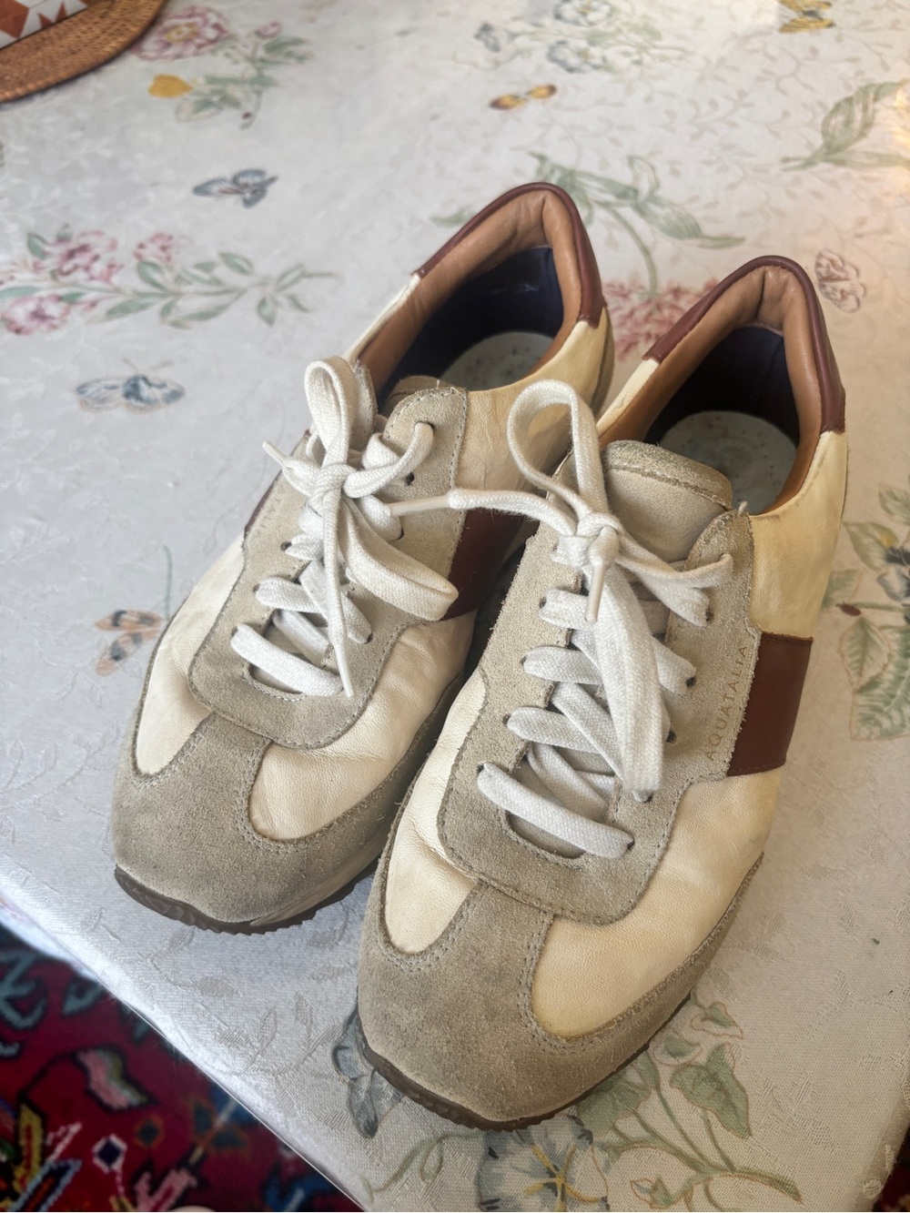 Aquatalia Beige and Brown Suede-Trim Sneakers